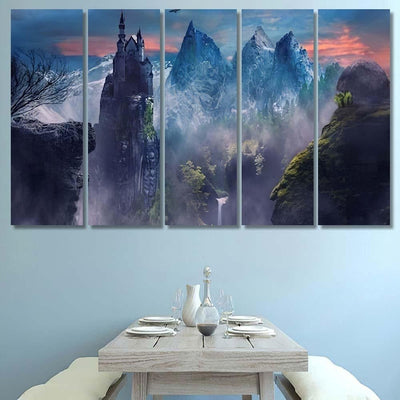 Fantasy Landscape Mountain Castle Foggy 1 - Fantasy Canvas Print Panel Canvas, 3-5 Piece Canvas Art, Multi Panel Canvas Wall Art Poster Canvas Gallery Framed Prints, Canvas