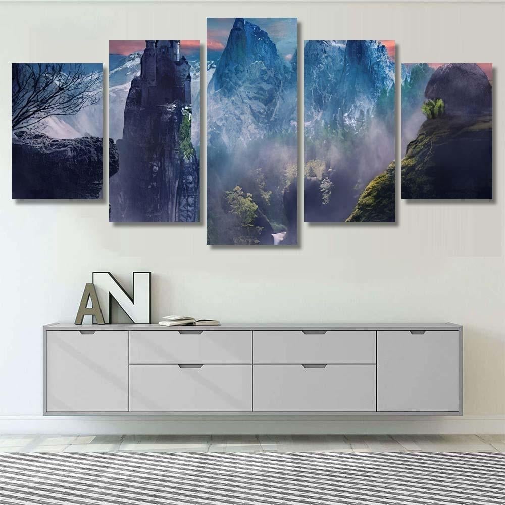 Fantasy Landscape Mountain Castle Foggy 1 - Fantasy Canvas Print Panel Canvas, 3-5 Piece Canvas Art, Multi Panel Canvas Wall Art Poster Canvas Gallery Framed Prints, Canvas