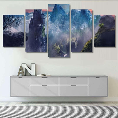 Fantasy Landscape Mountain Castle Foggy 1 - Fantasy Canvas Print Panel Canvas, 3-5 Piece Canvas Art, Multi Panel Canvas Wall Art Poster Canvas Gallery Framed Prints, Canvas