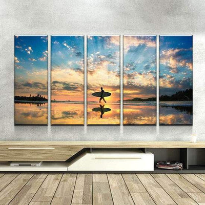 Surfing at Sunset Ocean Blue Sea Vintage Retro Graphic Multi Canvas Wall Art Ideas, Multi Piece Panel Canvas Home Decor Housewarming Gift Ideas Framed Prints, Canvas
