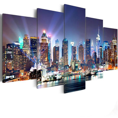 Night City Landscape Bright Cityscape Multi Canvas Wall Art Ideas, Multi Piece Panel Canvas Home Decor Housewarming Gift Ideas Framed Prints, Canvas