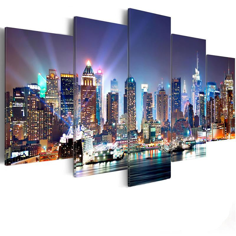 Night City Landscape Bright Cityscape Multi Canvas Wall Art Ideas, Multi Piece Panel Canvas Home Decor Housewarming Gift Ideas Framed Prints, Canvas
