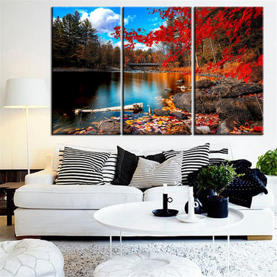 Tranquil Lake Colorful Red Leaf Autumn Graphic Multi Canvas Wall Art Ideas, Multi Piece Panel Canvas Home Decor Housewarming Gift Ideas Framed Prints, Canvas