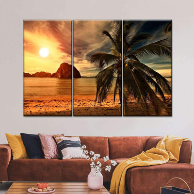 Vintage Beachside Sunset Coconut  Multi Canvas Wall Art Ideas, Multi Piece Panel Canvas Home Decor Housewarming Gift Ideas Framed Prints, Canvas