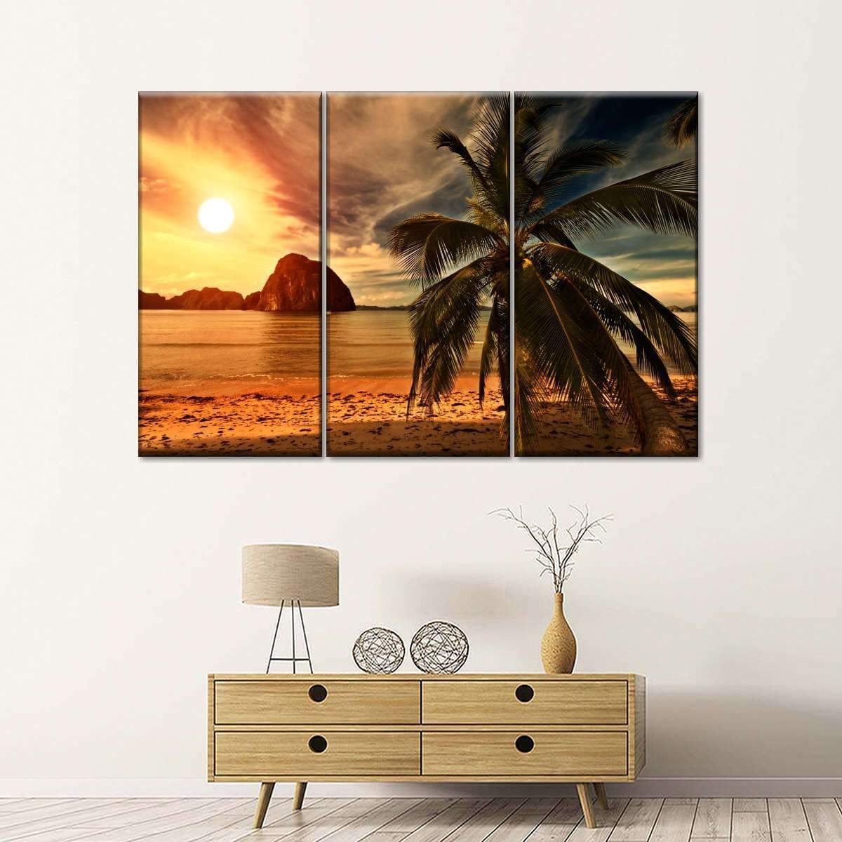 Vintage Beachside Sunset Coconut  Multi Canvas Wall Art Ideas, Multi Piece Panel Canvas Home Decor Housewarming Gift Ideas Framed Prints, Canvas