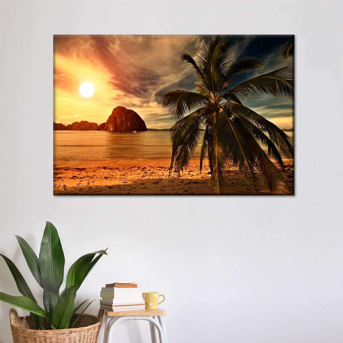 Vintage Beachside Sunset Coconut  Multi Canvas Wall Art Ideas, Multi Piece Panel Canvas Home Decor Housewarming Gift Ideas Framed Prints, Canvas
