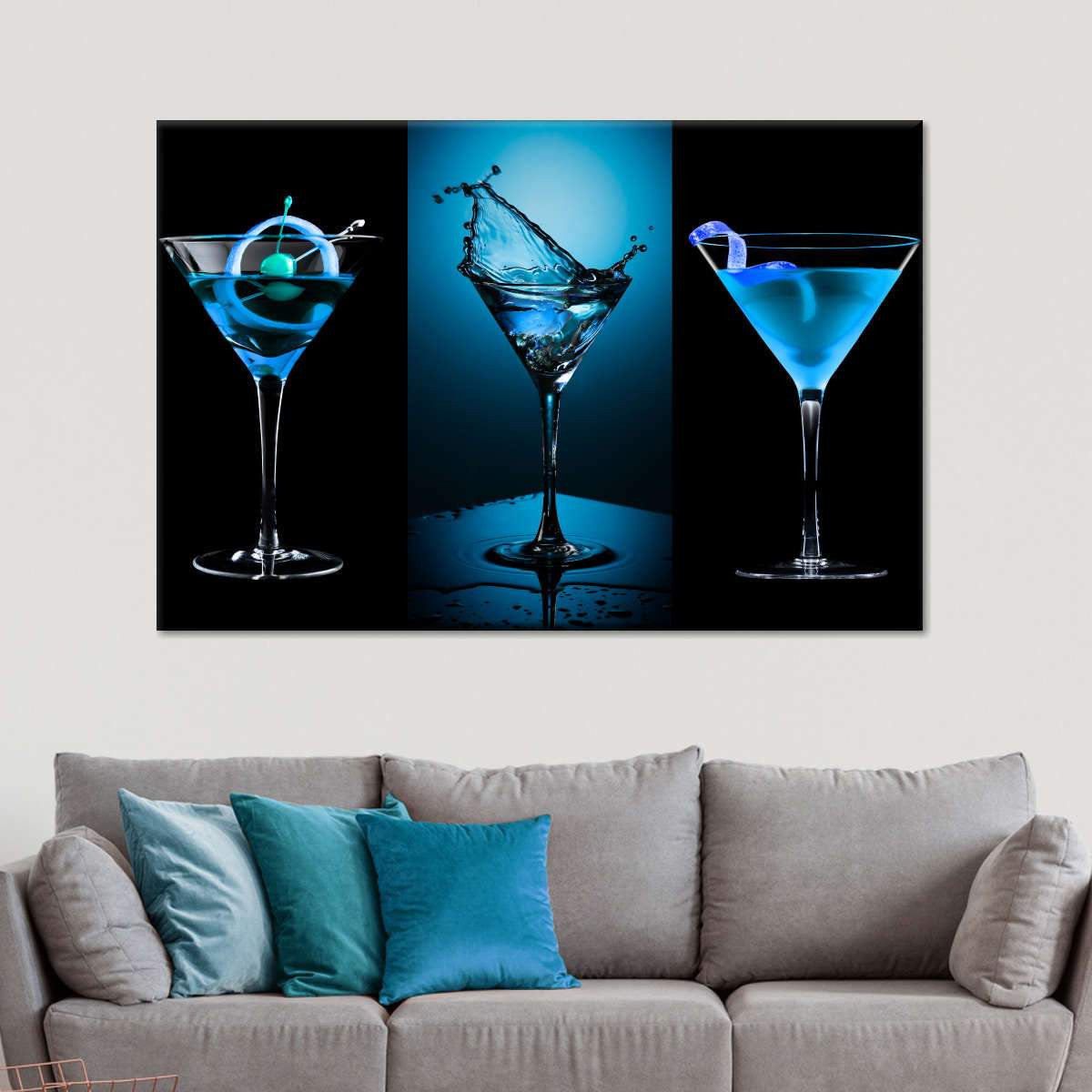Blue Bliss Wine Drinking Multi Canvas Wall Art Ideas, Multi Piece Panel Canvas Home Decor Housewarming Gift Ideas Framed Prints, Canvas