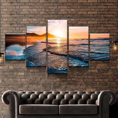 Peaceful Sunset Waves Beautiful Sunset Beach Blue Ocean Landscape Sea Multi Canvas Wall Art Ideas, Multi Piece Panel Canvas Home Decor Housewarming Gift Ideas Framed Prints, Canvas