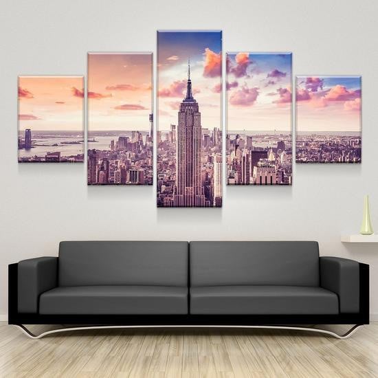 City Landscape Empire State Building Sunset Usa Pround Multi Canvas Wall Art Ideas, Multi Piece Panel Canvas Home Decor Housewarming Gift Ideas Framed Prints, Canvas