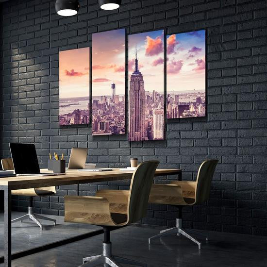 City Landscape Empire State Building Sunset Usa Pround Multi Canvas Wall Art Ideas, Multi Piece Panel Canvas Home Decor Housewarming Gift Ideas Framed Prints, Canvas