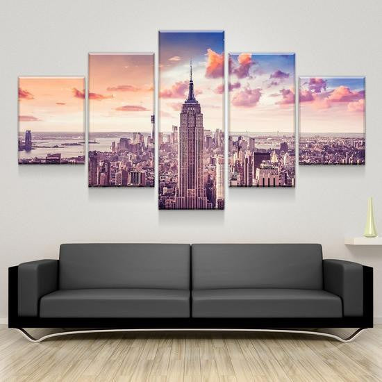 City Landscape Empire State Building Sunset Usa Pround Multi Canvas Wall Art Ideas, Multi Piece Panel Canvas Home Decor Housewarming Gift Ideas Framed Prints, Canvas