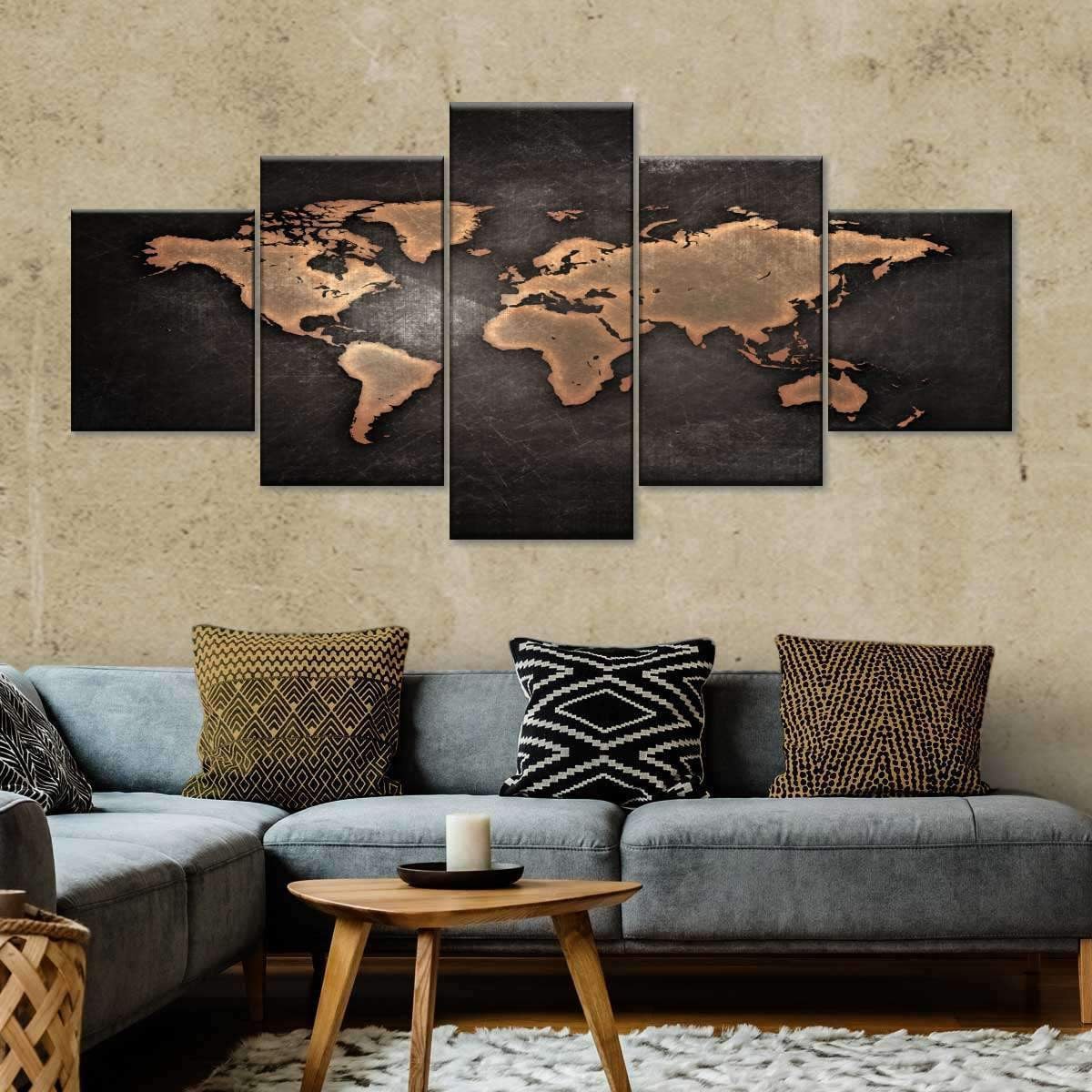 Oil Rubbed Bronze World Map Wood Style Vintage Retro Multi Canvas Wall Art Ideas, Multi Piece Panel Canvas Home Decor Housewarming Gift Ideas Framed Prints, Canvas