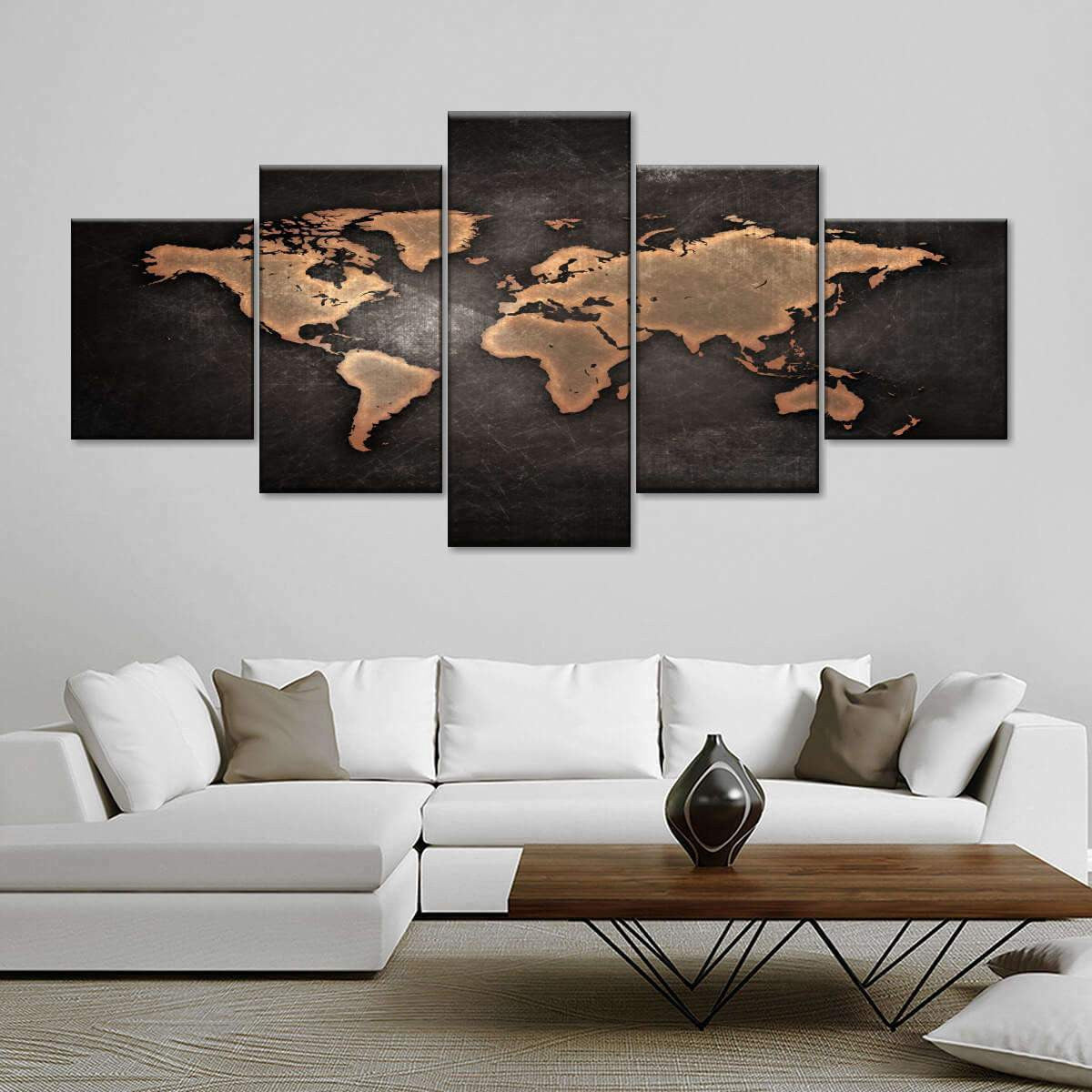 Oil Rubbed Bronze World Map Wood Style Vintage Retro Multi Canvas Wall Art Ideas, Multi Piece Panel Canvas Home Decor Housewarming Gift Ideas Framed Prints, Canvas