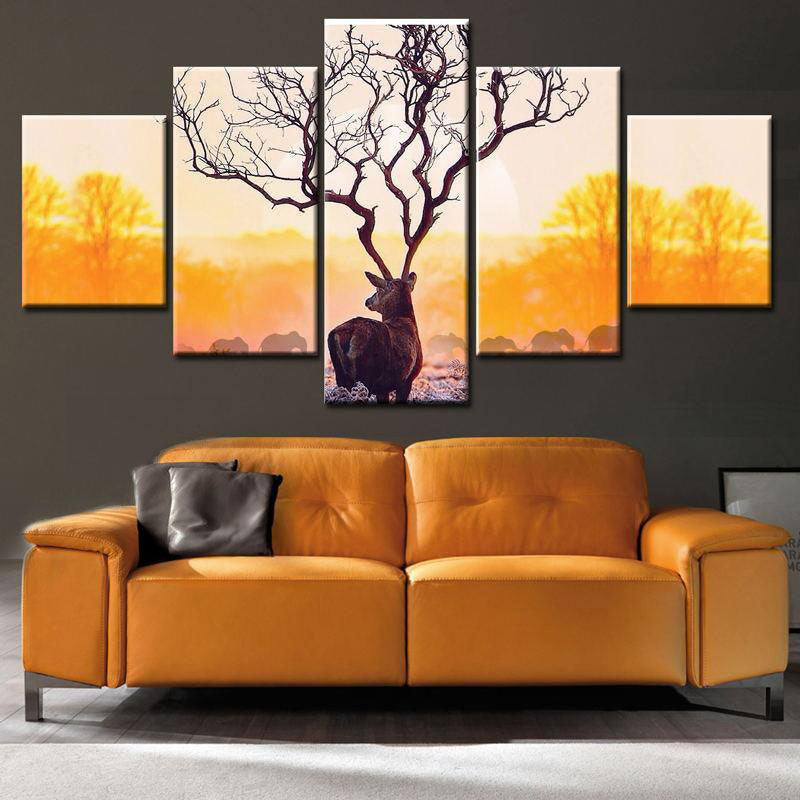 Branching Deer Antlers Wild Animals Multi Canvas Wall Art Ideas, Multi Piece Panel Canvas Home Decor Housewarming Gift Ideas Framed Prints, Canvas