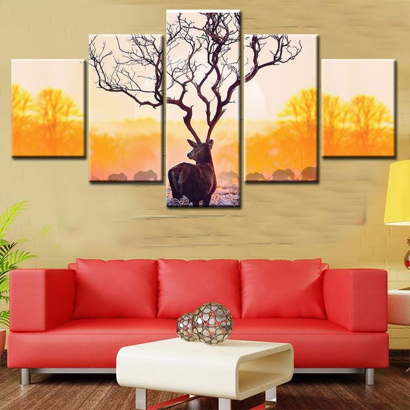 Branching Deer Antlers Wild Animals Multi Canvas Wall Art Ideas, Multi Piece Panel Canvas Home Decor Housewarming Gift Ideas Framed Prints, Canvas