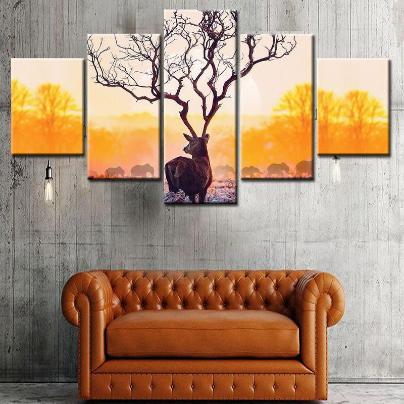 Branching Deer Antlers Wild Animals Multi Canvas Wall Art Ideas, Multi Piece Panel Canvas Home Decor Housewarming Gift Ideas Framed Prints, Canvas