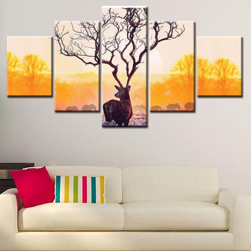 Branching Deer Antlers Wild Animals Multi Canvas Wall Art Ideas, Multi Piece Panel Canvas Home Decor Housewarming Gift Ideas Framed Prints, Canvas