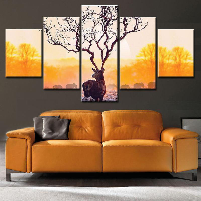 Branching Deer Antlers Wild Animals Multi Canvas Wall Art Ideas, Multi Piece Panel Canvas Home Decor Housewarming Gift Ideas Framed Prints, Canvas