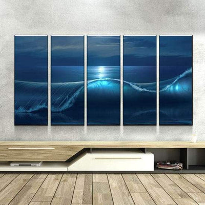 Moonlit Wave Blue Sea Multi Canvas Wall Art Ideas, Multi Piece Panel Canvas Home Decor Housewarming Gift Ideas Framed Prints, Canvas