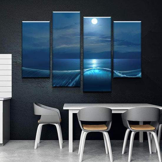 Moonlit Wave Blue Sea Multi Canvas Wall Art Ideas, Multi Piece Panel Canvas Home Decor Housewarming Gift Ideas Framed Prints, Canvas