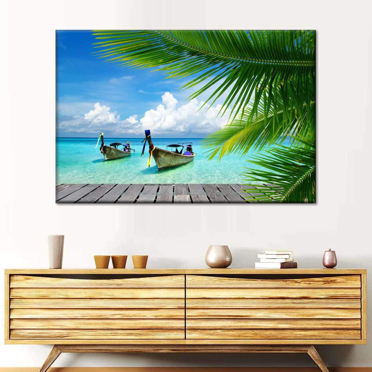 Paradise Awaits Blue Sea Tropical Coconut Boat View Natural Landscape Multi Canvas Wall Art Ideas, Multi Piece Panel Canvas Home Decor Housewarming Gift Ideas Framed Prints, Canvas