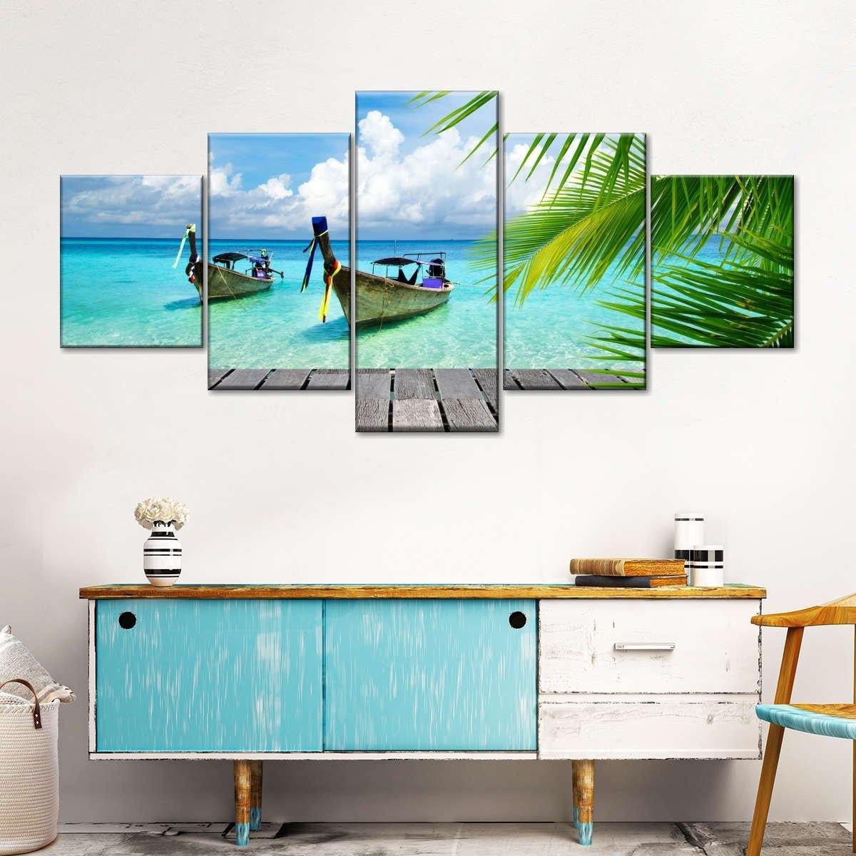 Paradise Awaits Blue Sea Tropical Coconut Boat View Natural Landscape Multi Canvas Wall Art Ideas, Multi Piece Panel Canvas Home Decor Housewarming Gift Ideas Framed Prints, Canvas