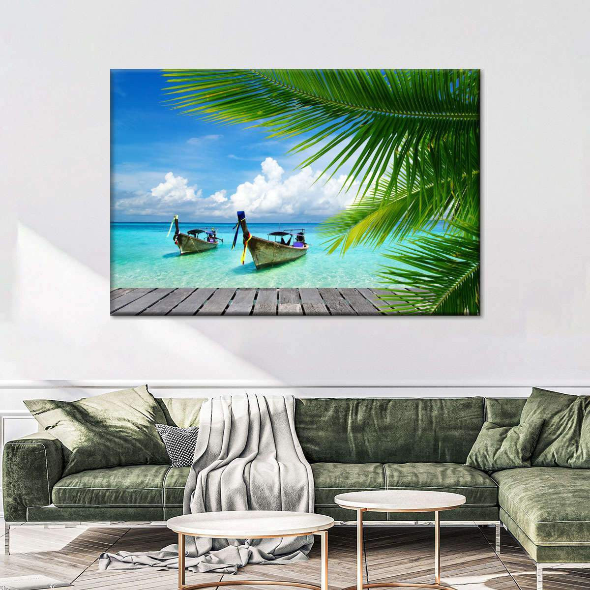 Paradise Awaits Blue Sea Tropical Coconut Boat View Natural Landscape Multi Canvas Wall Art Ideas, Multi Piece Panel Canvas Home Decor Housewarming Gift Ideas Framed Prints, Canvas