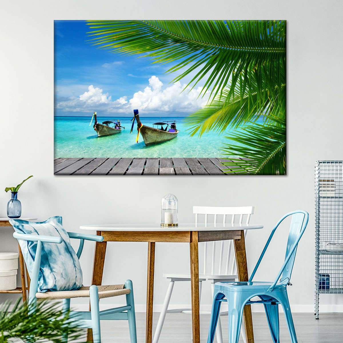 Paradise Awaits Blue Sea Tropical Coconut Boat View Natural Landscape Multi Canvas Wall Art Ideas, Multi Piece Panel Canvas Home Decor Housewarming Gift Ideas Framed Prints, Canvas