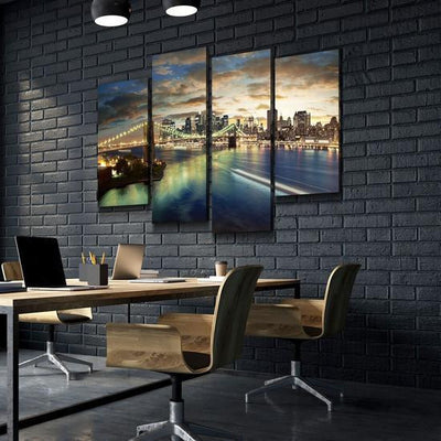 New York City at Dusk City Night View Landscape Multi Canvas Wall Art Ideas, Multi Piece Panel Canvas Home Decor Housewarming Gift Ideas Framed Prints, Canvas