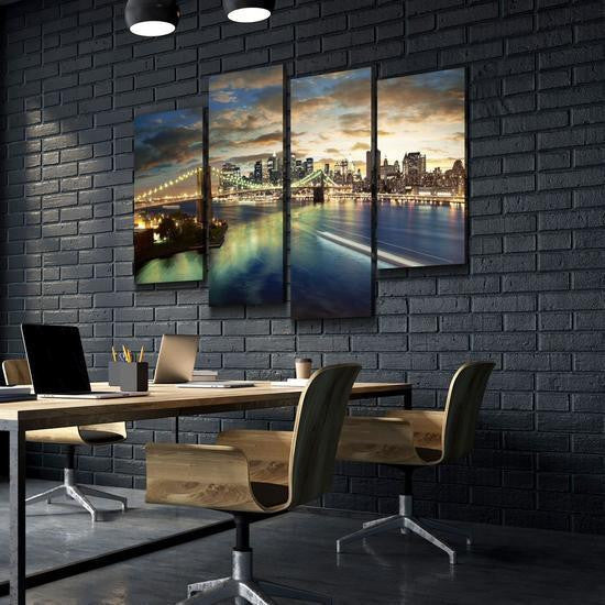 New York City at Dusk City Night View Landscape Multi Canvas Wall Art Ideas, Multi Piece Panel Canvas Home Decor Housewarming Gift Ideas Framed Prints, Canvas