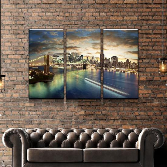New York City at Dusk City Night View Landscape Multi Canvas Wall Art Ideas, Multi Piece Panel Canvas Home Decor Housewarming Gift Ideas Framed Prints, Canvas