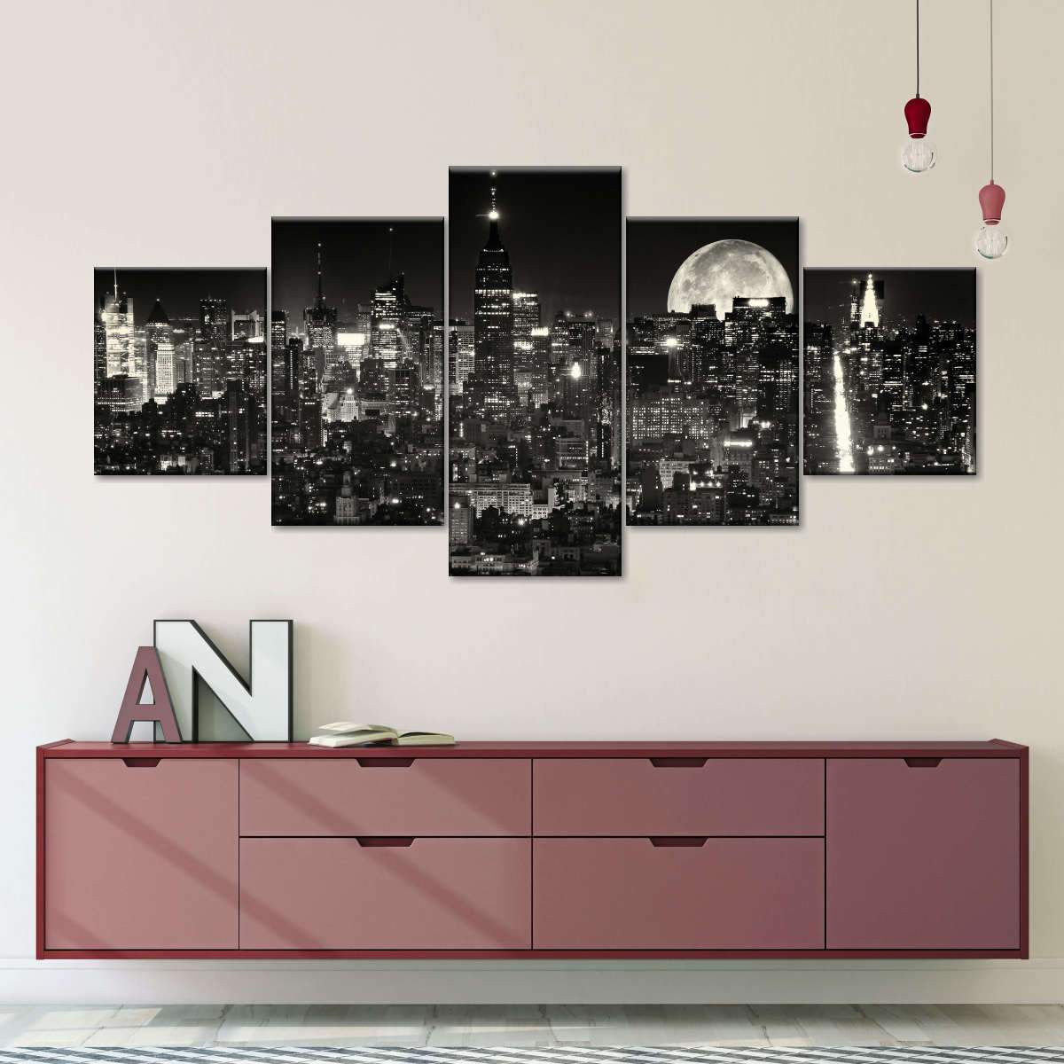 New York City at Dusk City Night View Landscape Multi Canvas Wall Art Ideas, Multi Piece Panel Canvas Home Decor Housewarming Gift Ideas Framed Prints, Canvas