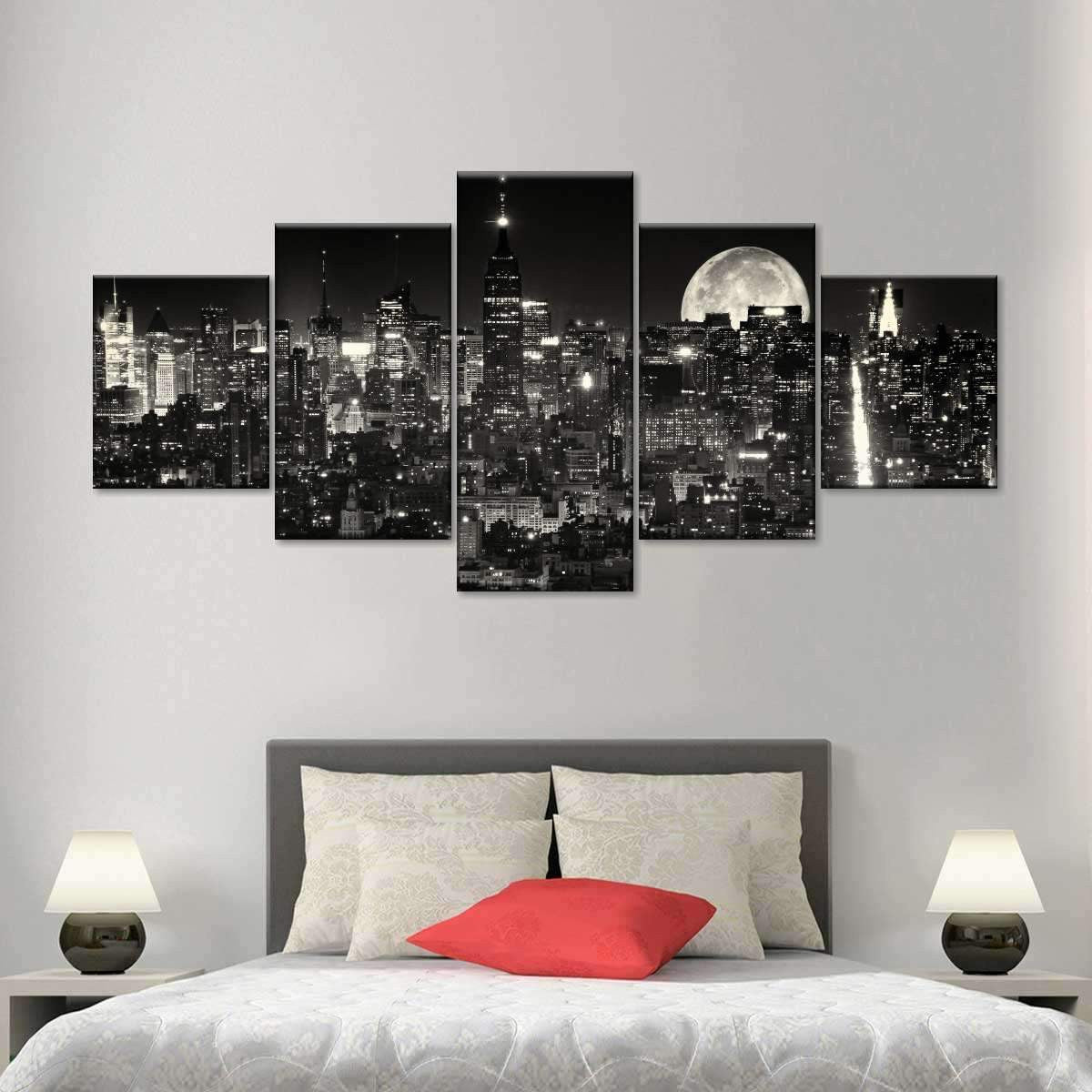 Moonlit Manhattan Citizen City Landscape Multi Canvas Wall Art Ideas, Multi Piece Panel Canvas Home Decor Housewarming Gift Ideas Framed Prints, Canvas