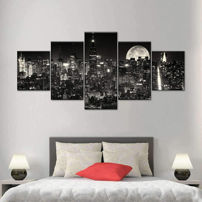 Moonlit Manhattan Citizen City Landscape Multi Canvas Wall Art Ideas, Multi Piece Panel Canvas Home Decor Housewarming Gift Ideas Framed Prints, Canvas