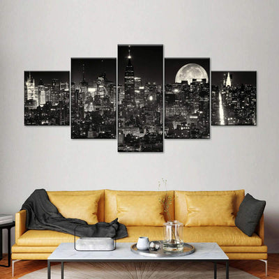 Moonlit Manhattan Citizen City Landscape Multi Canvas Wall Art Ideas, Multi Piece Panel Canvas Home Decor Housewarming Gift Ideas Framed Prints, Canvas