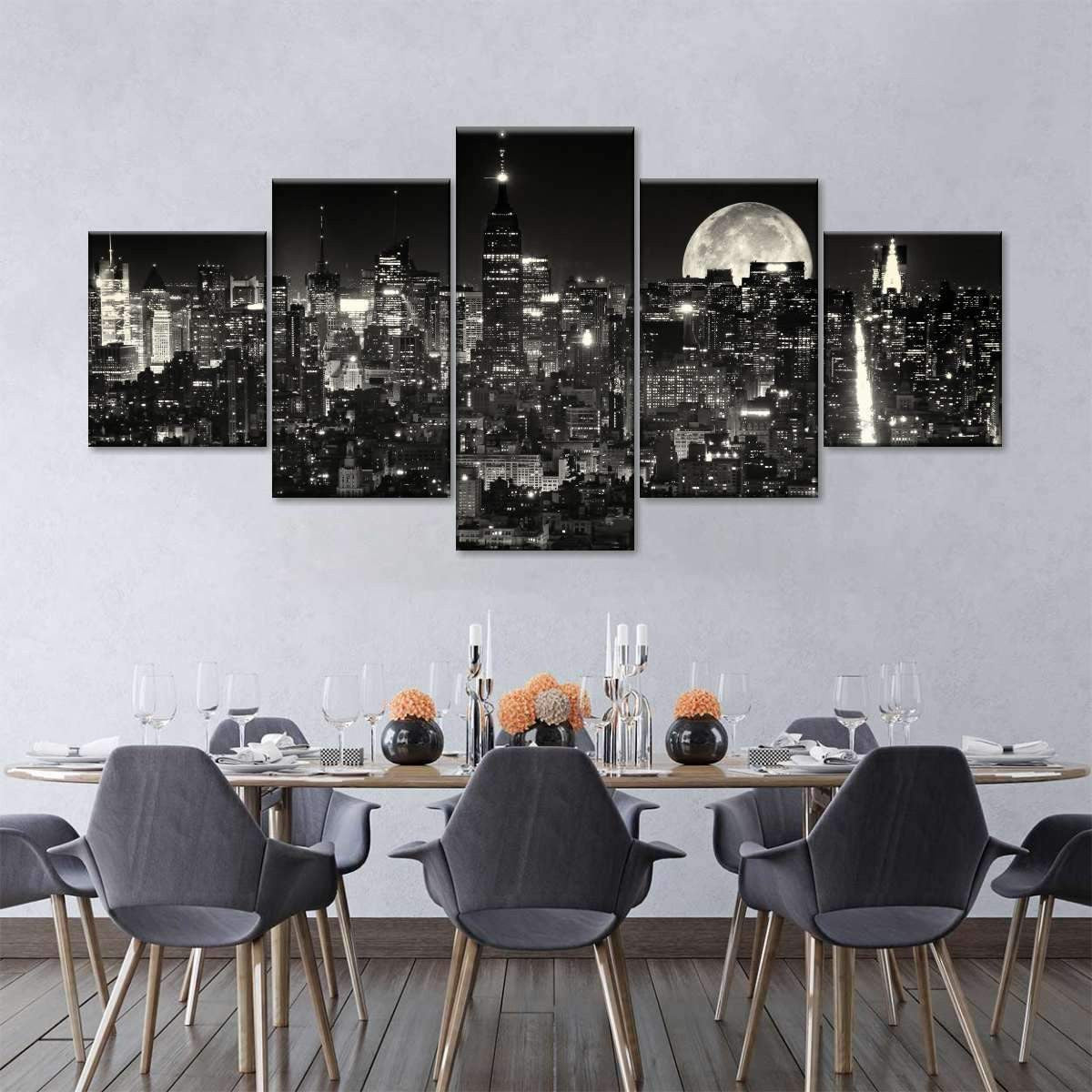 Moonlit Manhattan Citizen City Landscape Multi Canvas Wall Art Ideas, Multi Piece Panel Canvas Home Decor Housewarming Gift Ideas Framed Prints, Canvas