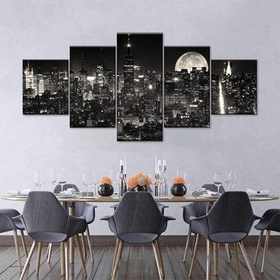 Moonlit Manhattan Citizen City Landscape Multi Canvas Wall Art Ideas, Multi Piece Panel Canvas Home Decor Housewarming Gift Ideas Framed Prints, Canvas