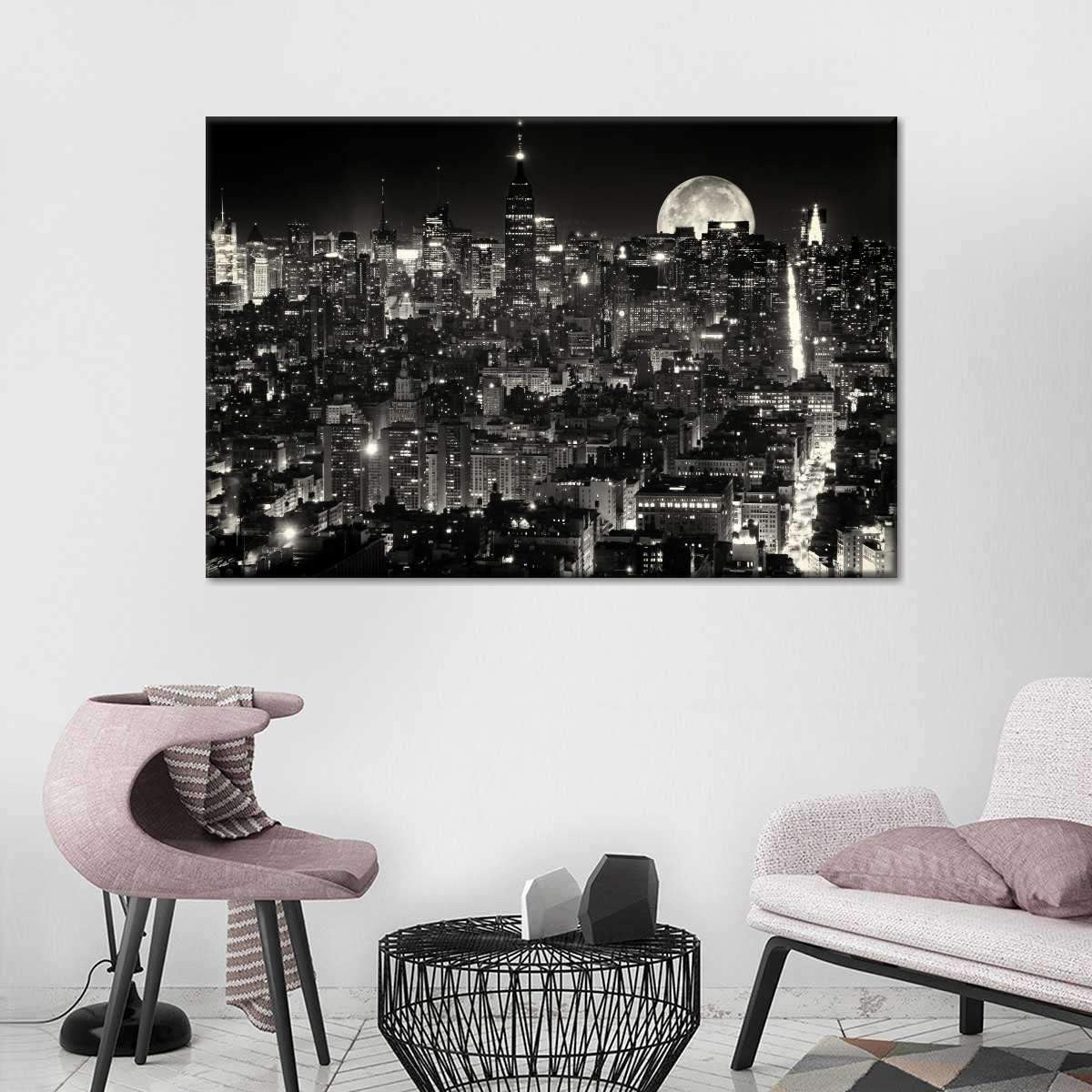 Moonlit Manhattan Citizen City Landscape Multi Canvas Wall Art Ideas, Multi Piece Panel Canvas Home Decor Housewarming Gift Ideas Framed Prints, Canvas