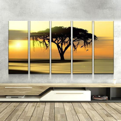 Natural Landscape Savannah Tree at Sunset  Multi Canvas Wall Art Ideas, Multi Piece Panel Canvas Home Decor Housewarming Gift Ideas Framed Prints, Canvas