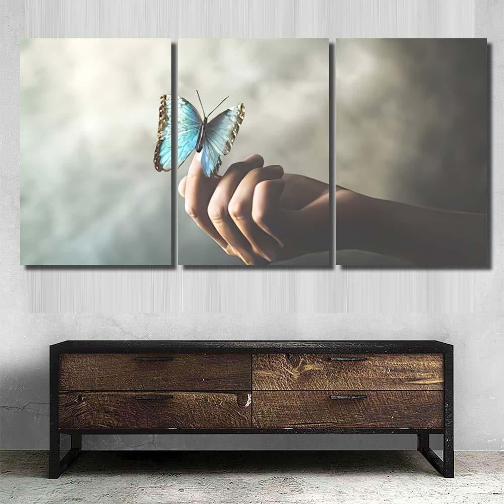 Butterfly Leans On Womans Hand, Fantasy Premium Multi Canvas Prints, Multi Piece Panel Canvas Home Decor, Luxury Gallery Wall Fine Art