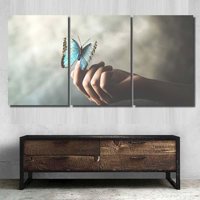 Butterfly Leans On Womans Hand, Fantasy Premium Multi Canvas Prints, Multi Piece Panel Canvas Home Decor, Luxury Gallery Wall Fine Art