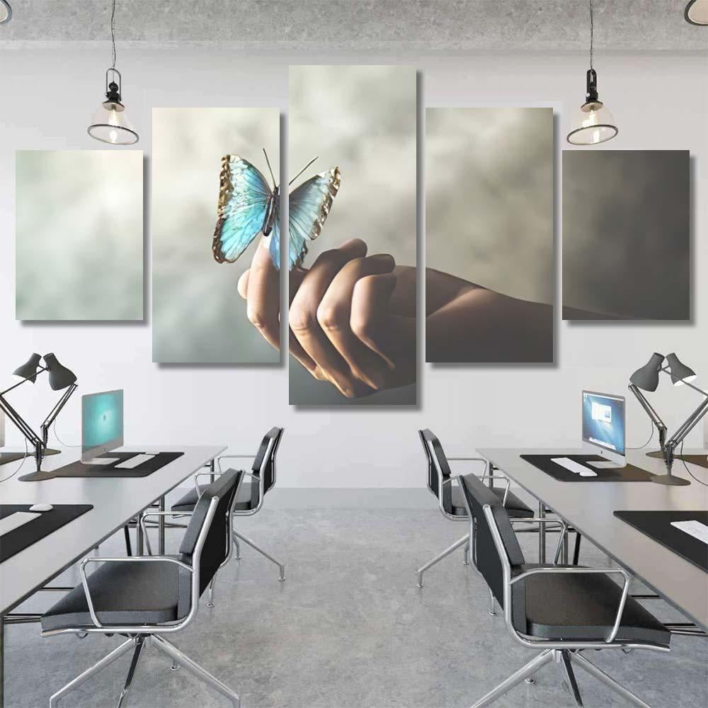 Butterfly Leans On Womans Hand, Fantasy Premium Multi Canvas Prints, Multi Piece Panel Canvas Home Decor, Luxury Gallery Wall Fine Art