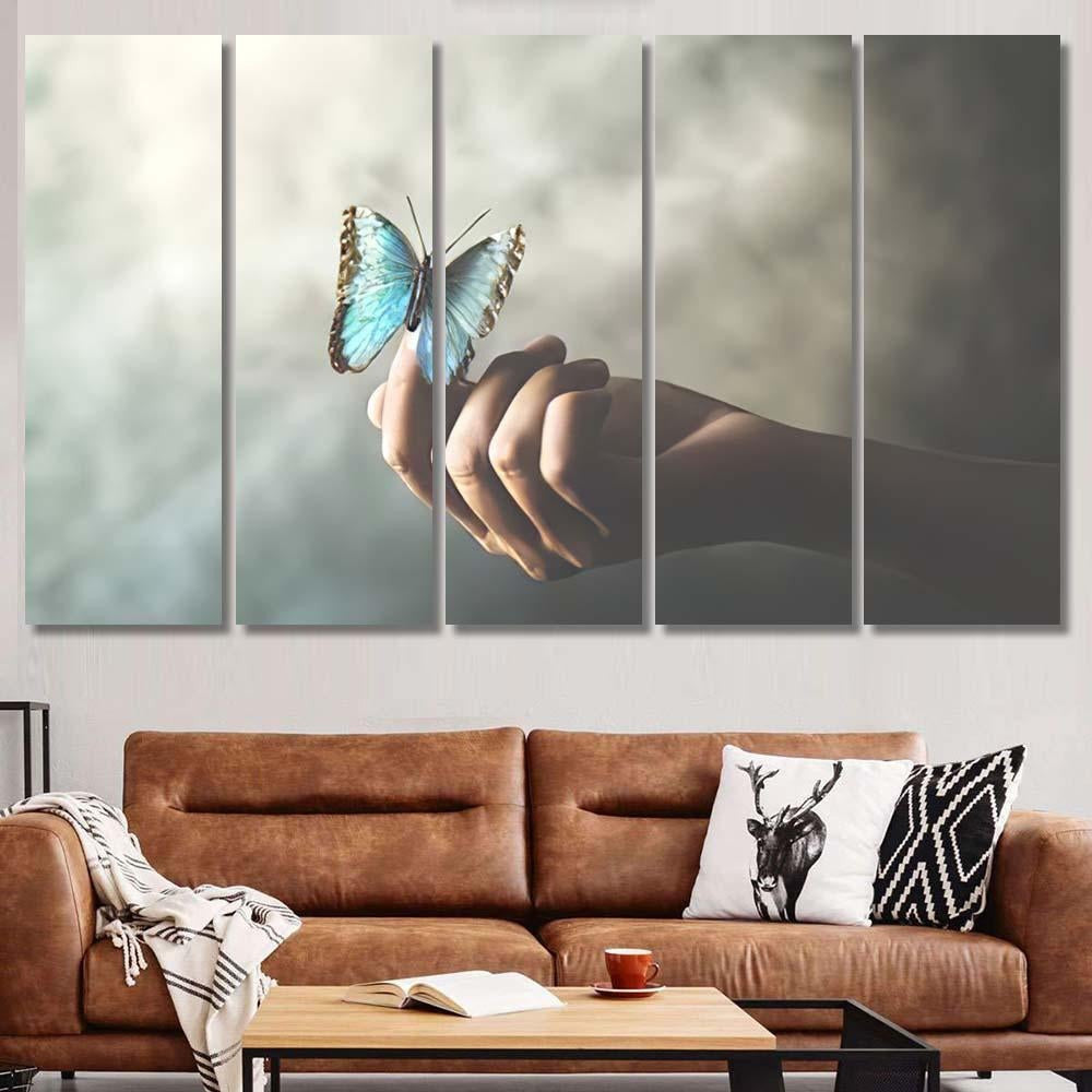 Butterfly Leans On Womans Hand, Fantasy Premium Multi Canvas Prints, Multi Piece Panel Canvas Home Decor, Luxury Gallery Wall Fine Art