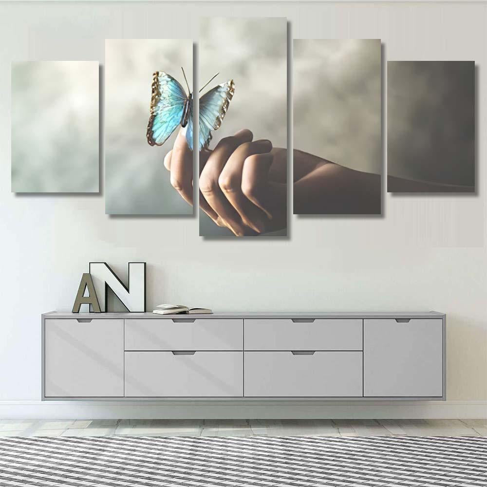 Butterfly Leans On Womans Hand, Fantasy Premium Multi Canvas Prints, Multi Piece Panel Canvas Home Decor, Luxury Gallery Wall Fine Art