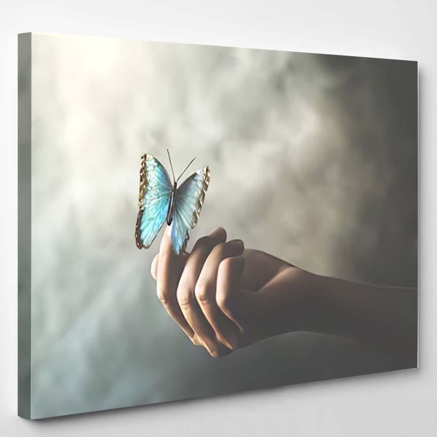 Butterfly Leans On Womans Hand, Fantasy Premium Multi Canvas Prints, Multi Piece Panel Canvas Home Decor, Luxury Gallery Wall Fine Art