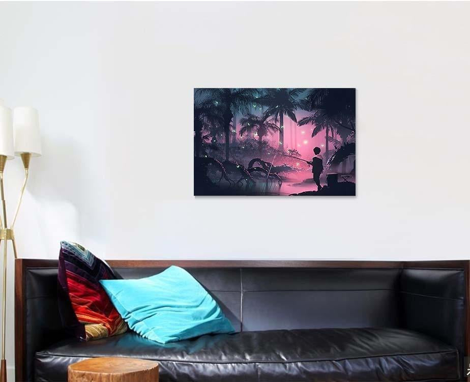 Boy Fishing On Swamp Tropical Forest, Fantasy Premium Multi Canvas Prints, Multi Piece Panel Canvas Home Decor, Luxury Gallery Wall Fine Art