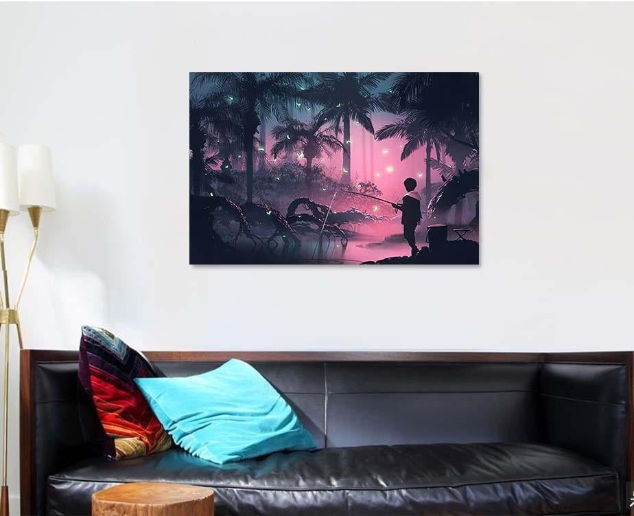 Boy Fishing On Swamp Tropical Forest, Fantasy Premium Multi Canvas Prints, Multi Piece Panel Canvas Home Decor, Luxury Gallery Wall Fine Art