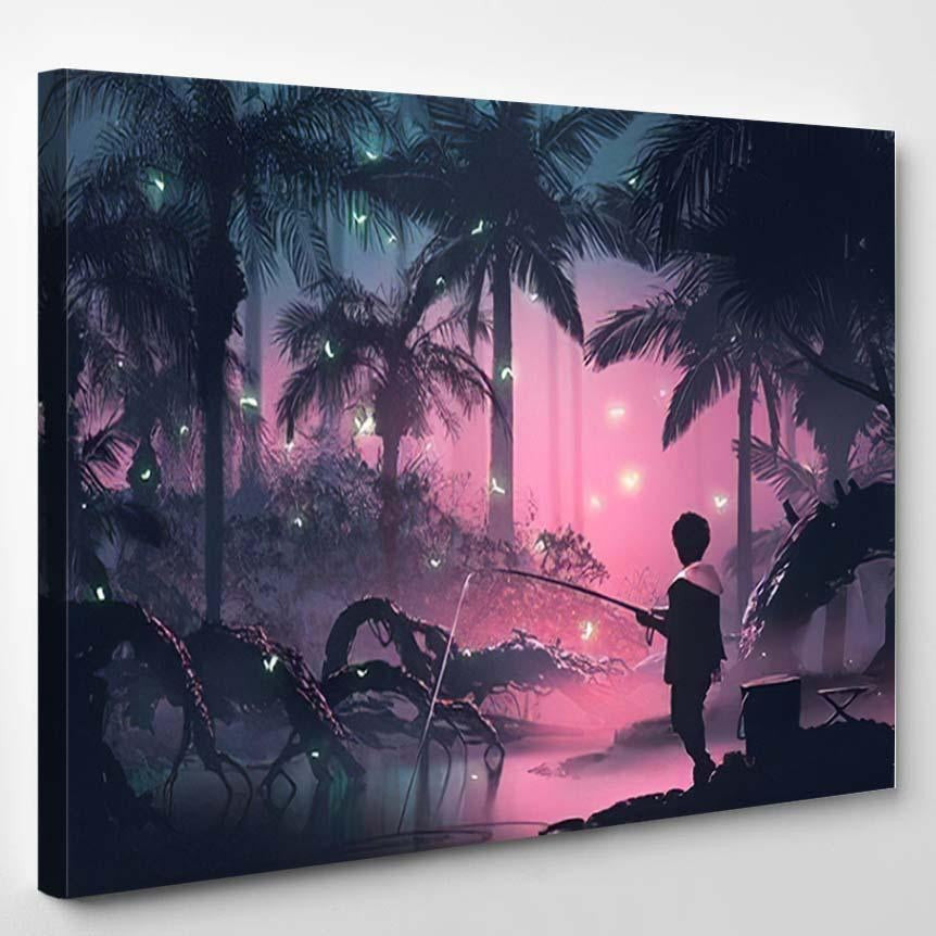 Boy Fishing On Swamp Tropical Forest, Fantasy Premium Multi Canvas Prints, Multi Piece Panel Canvas Home Decor, Luxury Gallery Wall Fine Art