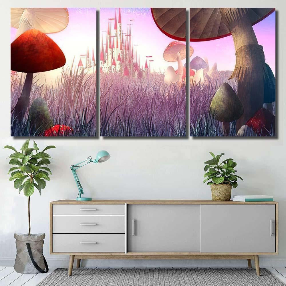Fantastic Landscape Mushrooms Fog Illustration Fairy, Fantastic Premium Multi Canvas Prints, Multi Piece Panel Canvas Home Decor, Luxury Gallery Wall Fine Art