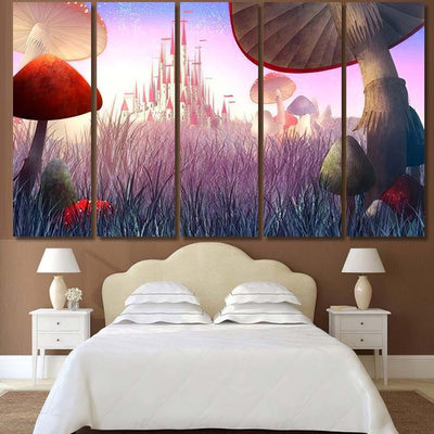 Fantastic Landscape Mushrooms Fog Illustration Fairy, Fantastic Premium Multi Canvas Prints, Multi Piece Panel Canvas Home Decor, Luxury Gallery Wall Fine Art